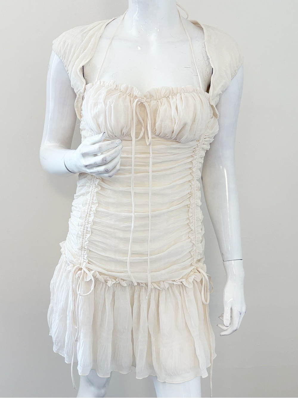 Musera Coquette Milkmaid Ivory Mini Dress w Ruched Tie Details & Chiffon Skirt